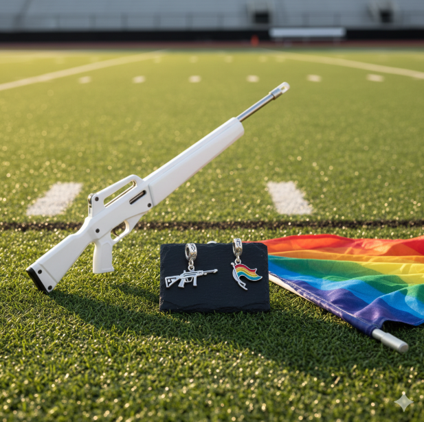 White rifle on grass with rainbow flag and black bag with gun symbol Color Guard Gifts